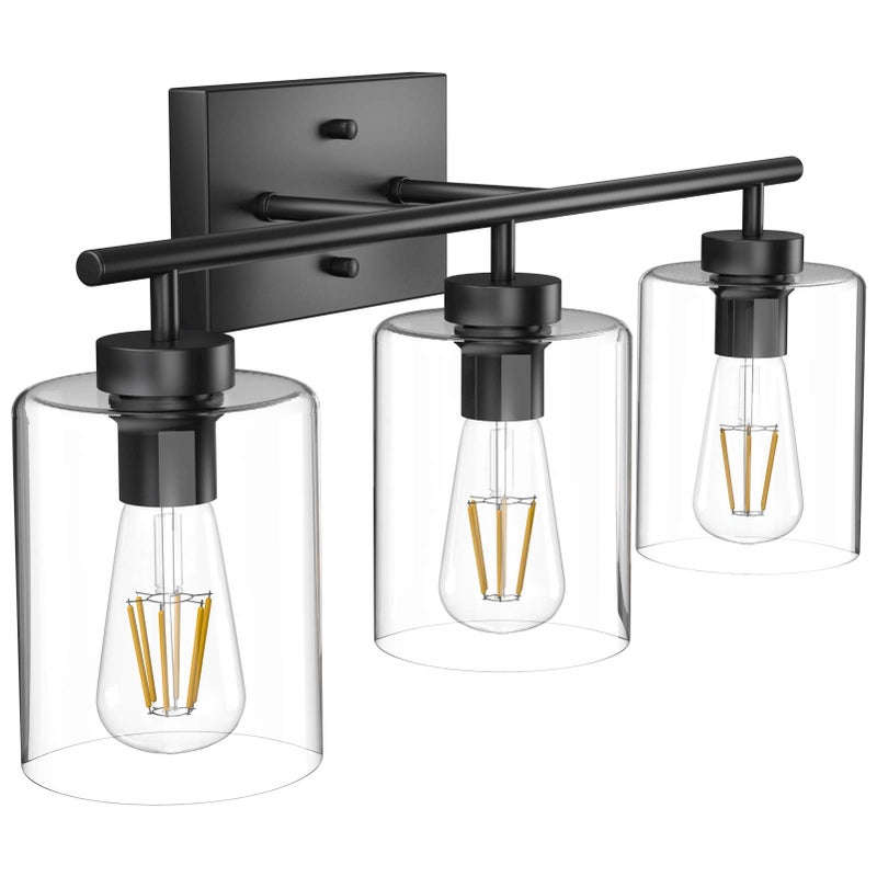 Aipsun 3 Lights Black Vanity Light Fixtures Over Mirror with Clear Glass Shades Industrial Wall Light Fixture for Bathroom(Exclude Bulb) - Image 2